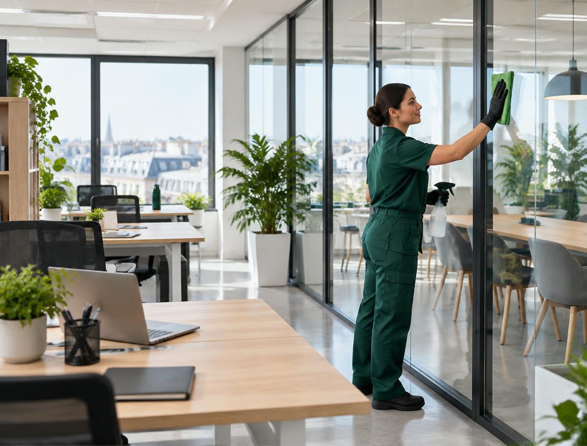 Nettoyage de vitres dans des bureaux modernes